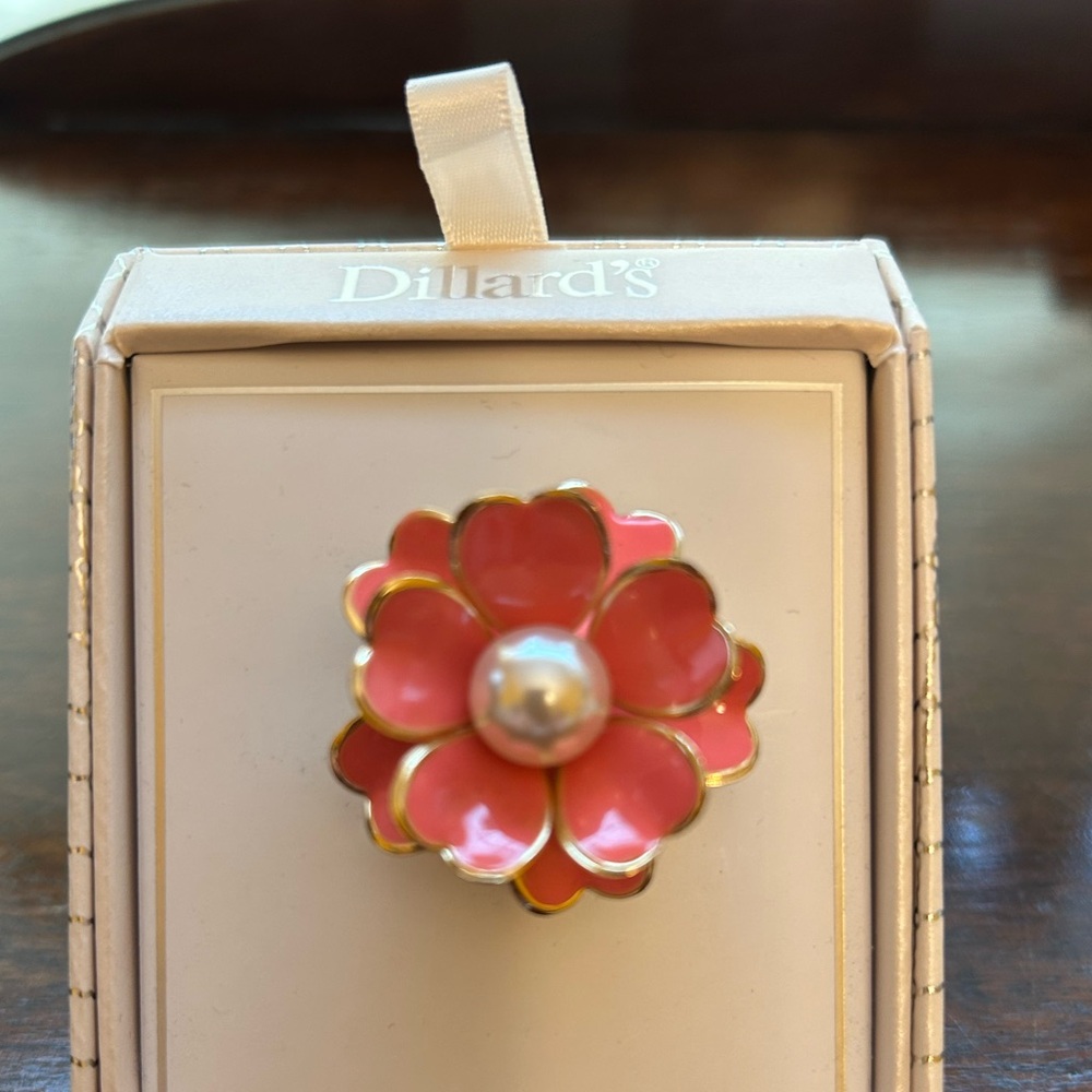 Pearl and Enamel Coral and Gold Floral Brooch Pin From Dillards. New in Box.